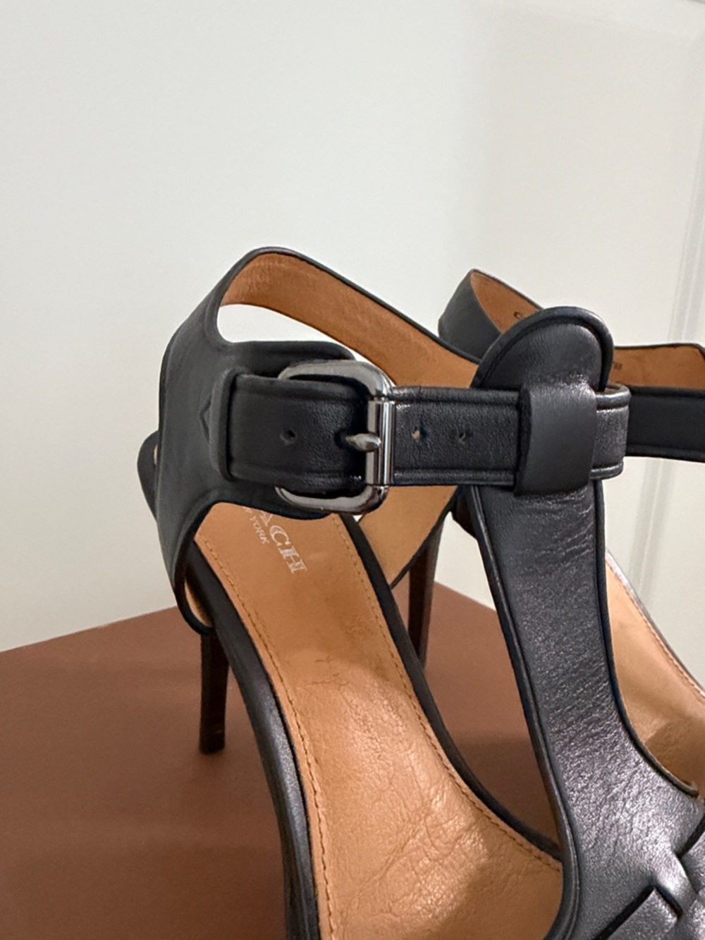 Coach Black Leather T-Strap High Heel Sandals - Picture 6 of 6